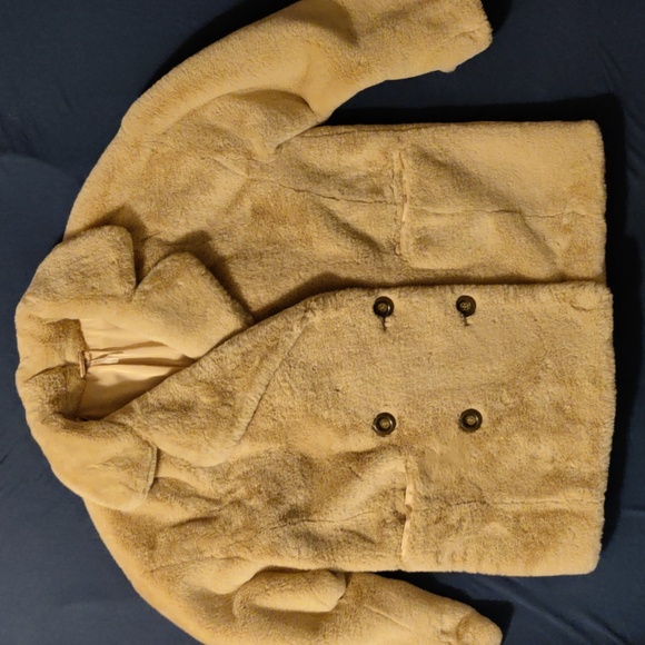 Free People Apricot Kate Faux Fur Double Breasted Teddy Coat, Size L - Picture 1 of 15